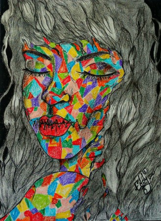Portrait d'une femme au teint multicolore et à la bouche cousue
